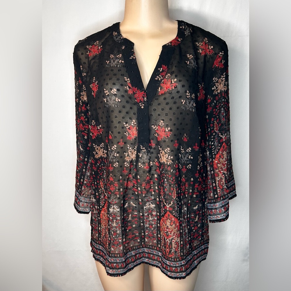 Tribal Jeans Women’s Long Sleeve Top Blouse MixPrint Black Red Sheer Coloful  M